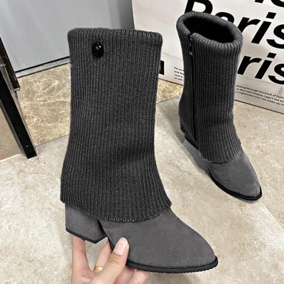 Женские ботильоны на высоком каблуке, замшевые туфли с острым носком, зима 2025, новые вязаные теплые туфли «Челси» в повседневном стиле, массивные ботинки Mujer