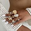 7Pcs/Set Vintage Irregular Imitation Pearl Rings for Women Fashion Geometric Metal Flower Rings Set Bohemian Jewelry Accessories