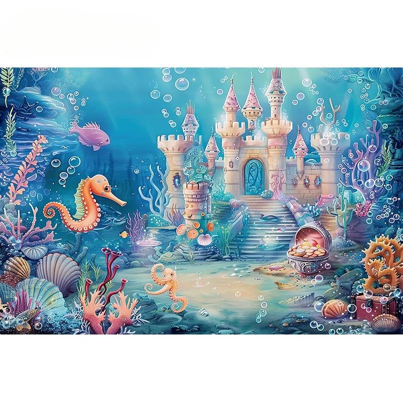 Underwater World Backdrop Summer Mermaid Ocean Castle Kid Birthday Party Cake Smash Decor Banner Photography Background