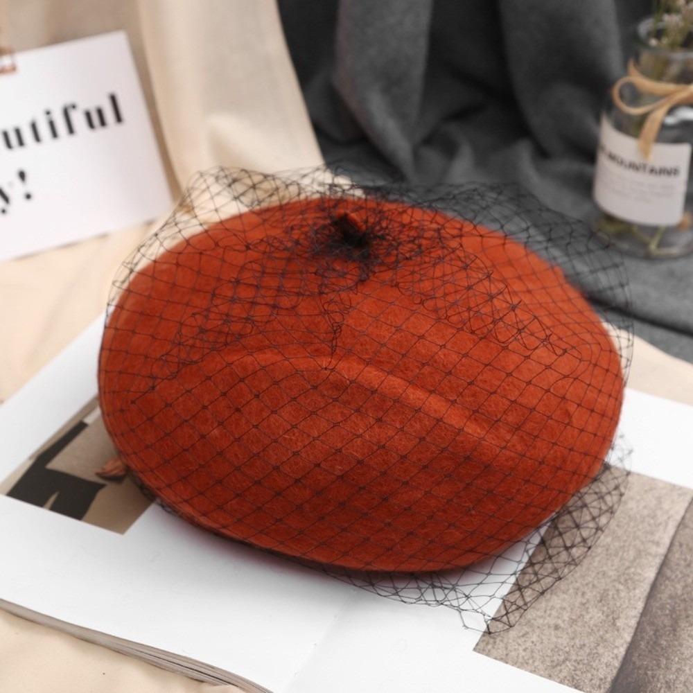 with Mesh Veil Painter Hat French Style Beanie Cap Retro Mesh Wool Beret Gift