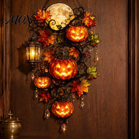 Pumpkin Moon Lantern Ornament Halloween Ornament, Acrylic Stained Glass Window Seasonal Hanging Sign Decoration, Autumn Maple Leaf Suncatcher Pendant