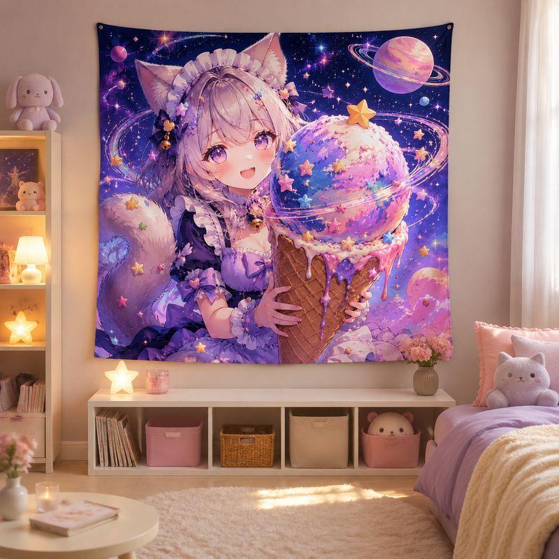 Galaxy Cat Maid Anime Tapestry, Kawaii Aesthetic Wall Hanging, Sweet Cartoon Wall Decor Blanket for Girls Bedroom Dorm