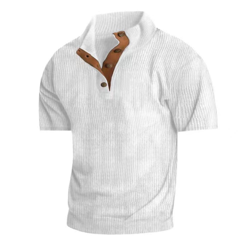 Men's Summer Casual T-shirt Button Stand-up Collar Tees Solid Color Loose Corduroy Short Sleeves Soft Skin-friendly