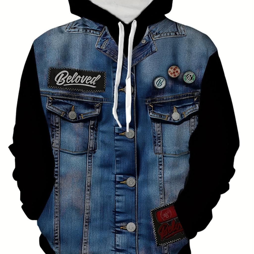 Мужская новинка 3D Denim Pattern Print Hoodie Sweatshirt - Весна Осень Повседневная Повседневная Одежда