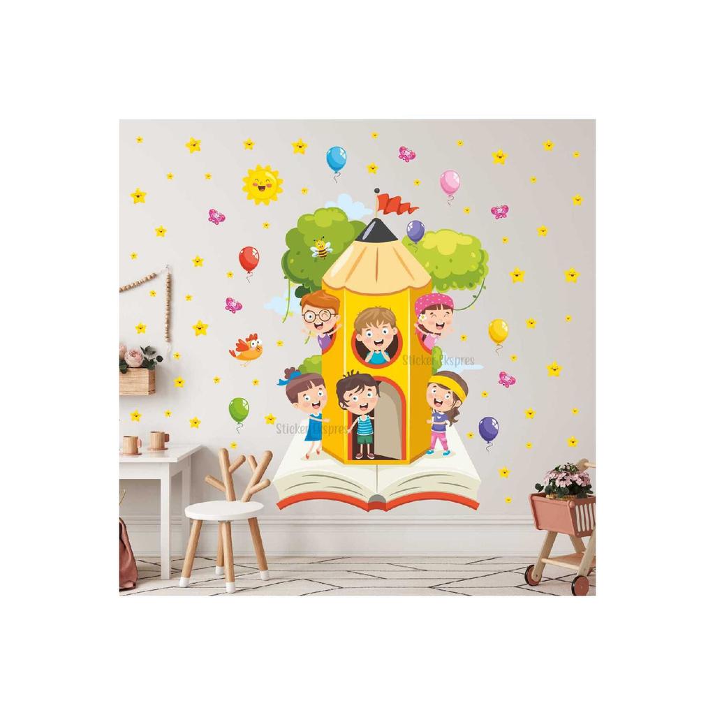 Book Pencil Tree And Kids Kindergarten School Children's Room Nursery Wall Door Glass Sticker Set