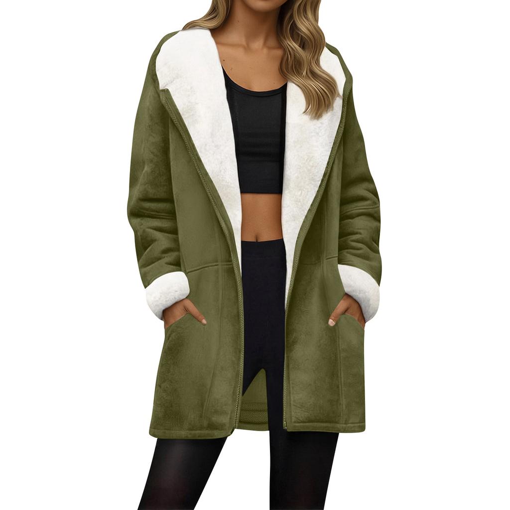 Women's Fashionable Coat Solid Color Long Sleeved Pocket Loose Hooded Zipper Plush Jacket