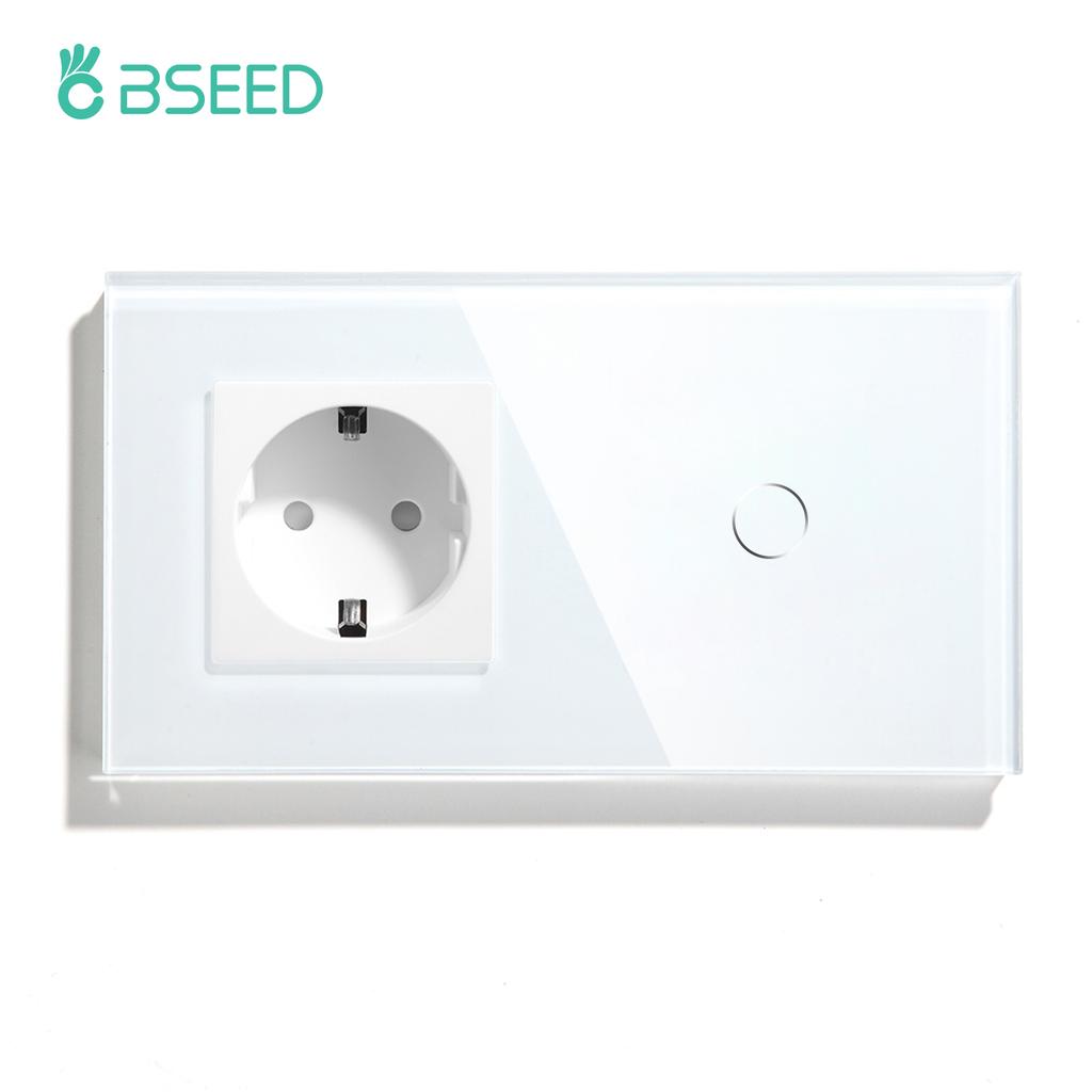 BSEED 1/2/3-клавишный сенсорный выключатель света 1/2/3-сторонний сенсорный выключатель для лестницы плюс настенная розетка, стандарт ЕС, стеклянная панель, синяя подсветка, 10А
