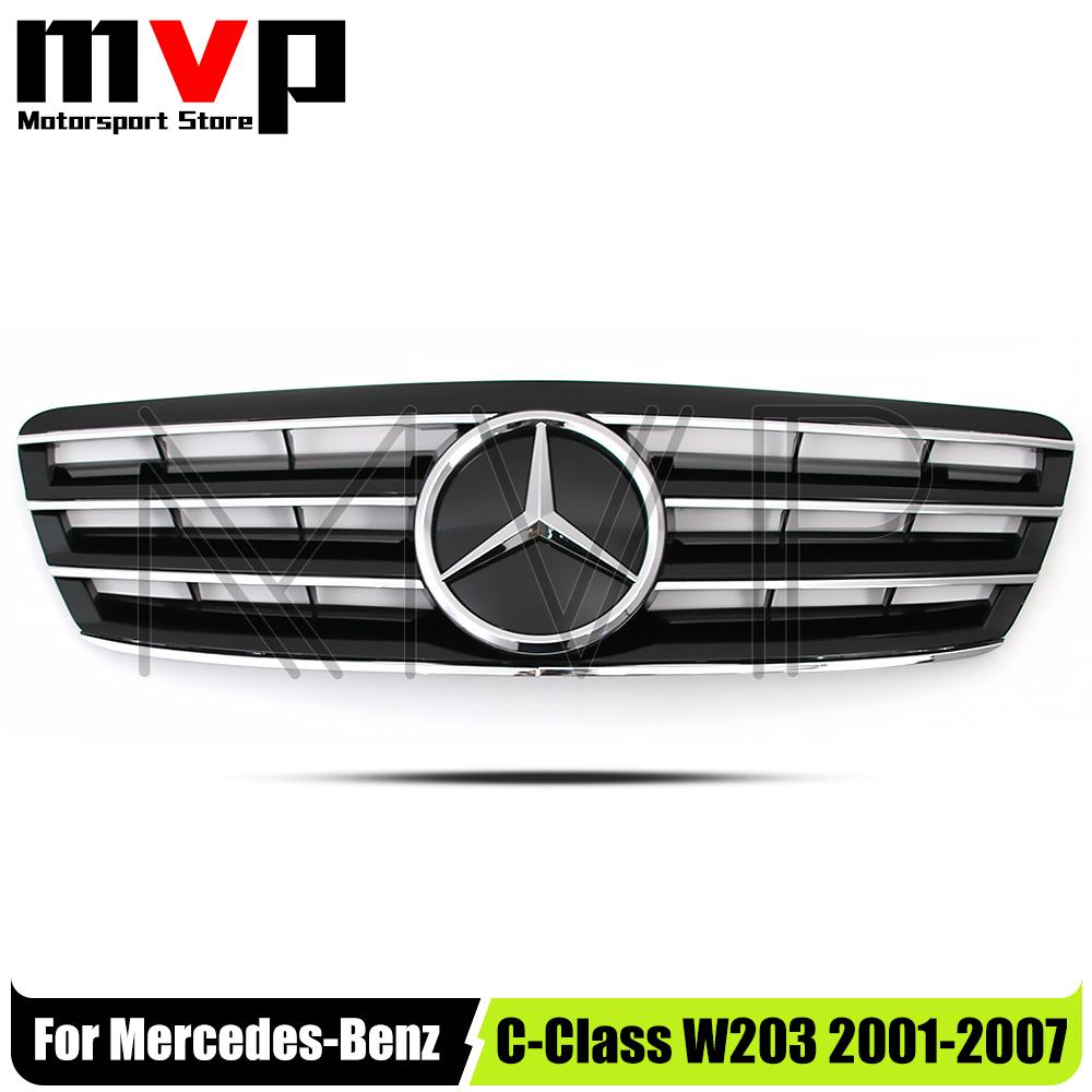Chrome Black Sport Style Front Racing Grille With 3D Star Emblem Logo For Mercedes Benz C-Class W203 2001-07 C200 C240 C320 C350 af1