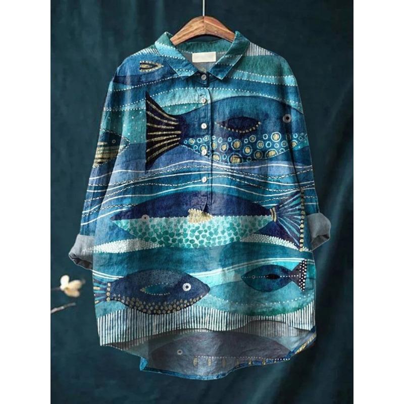 Рубашки с принтом в виде животных и цветов Гавайи Полиэстер Повседневные Блузки и рубашки с длинным рукавом для женщин