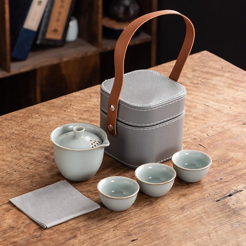 Celadon Ge Kiln Opening Film Can Raise Outdoor Portable Travel Tea Set, One Pot of Three Cups of Kuaike Tea Cup Gifts