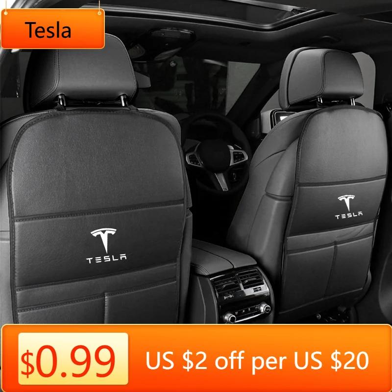 Car Sticker Tesla 2Pc Leather Car Seat Back Kick Pad Leather Protector Car Upholstery Auto Accessories For Tesla Model 3 Model Y
