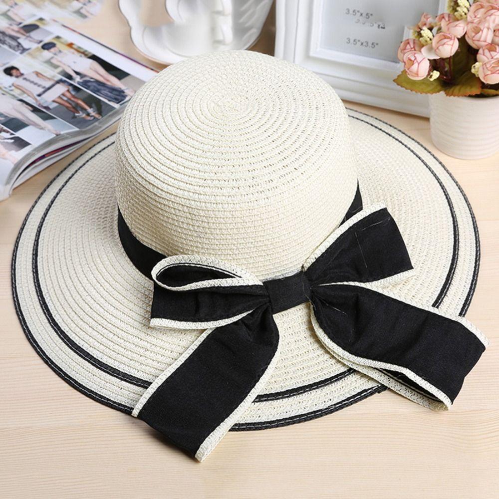 New Summer Women Sun Hat Casual Fashion Bowtie Fisherman Hat Straw Hat with Bow Ribbon Travel Beach Hat
