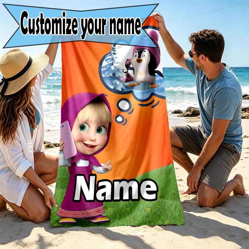 Custom Name Personalized Masha and The Bear Print Beach Towel, for Trip Camping Beach Party Home Decor, Birthday Gift for Family & Friends