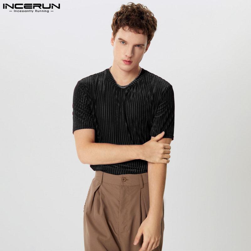 INCERUN Летние мужские футболки с коротким рукавом и круглым вырезом, повседневные блестящие футболки