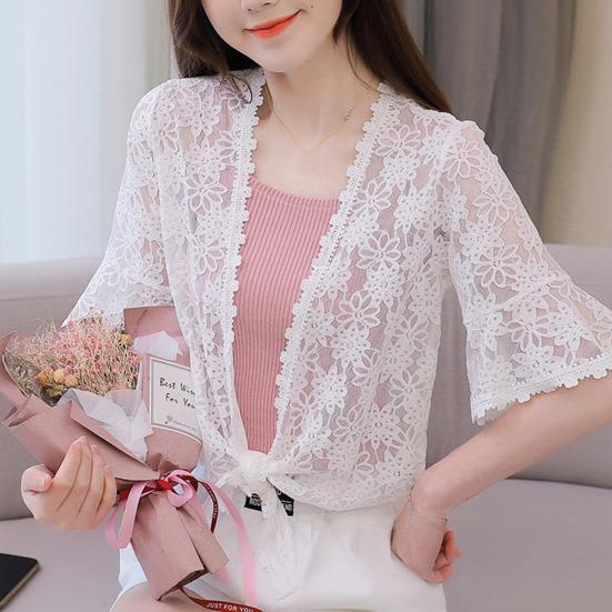 Женский кардиган, пальто с половиной рукавом, кружевная вышивка, шаль с роговыми рукавами, тонкая лоскутная короткая женская рубашка на шнуровке, сплошной цвет