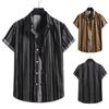 Men's Fashion Cotton Linen Stripe Print Short Sleeve Button Shirt Blouse Top