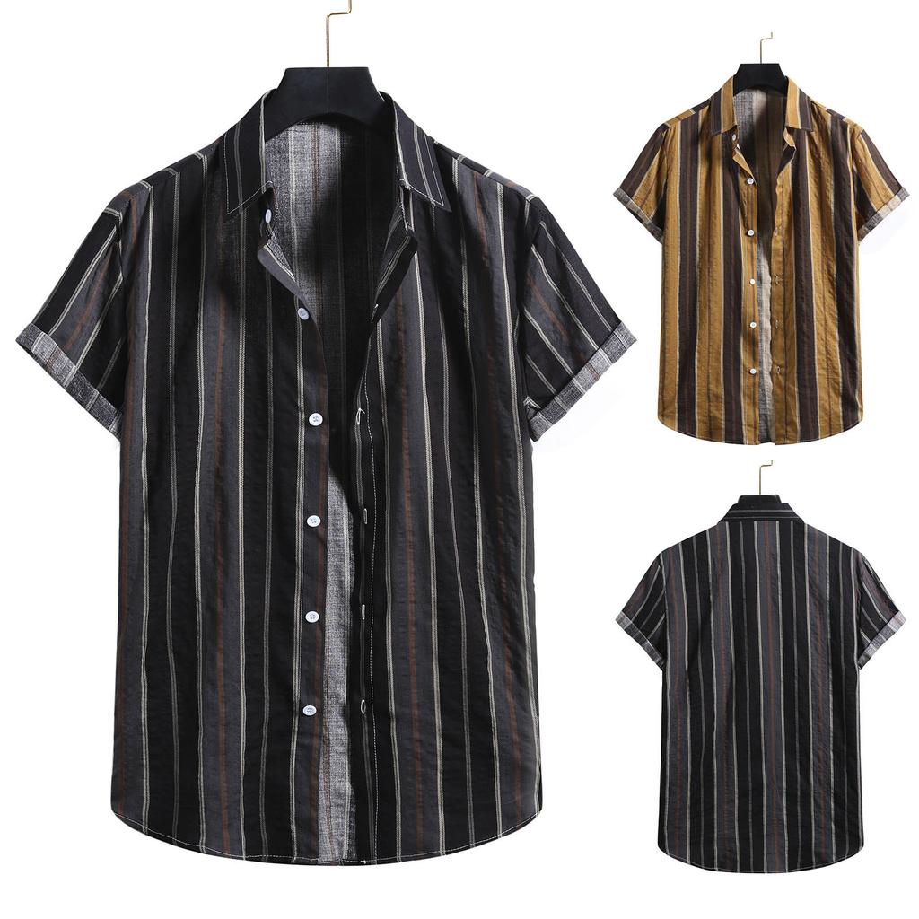 Men's Fashion Cotton Linen Stripe Print Short Sleeve Button Shirt Blouse Top