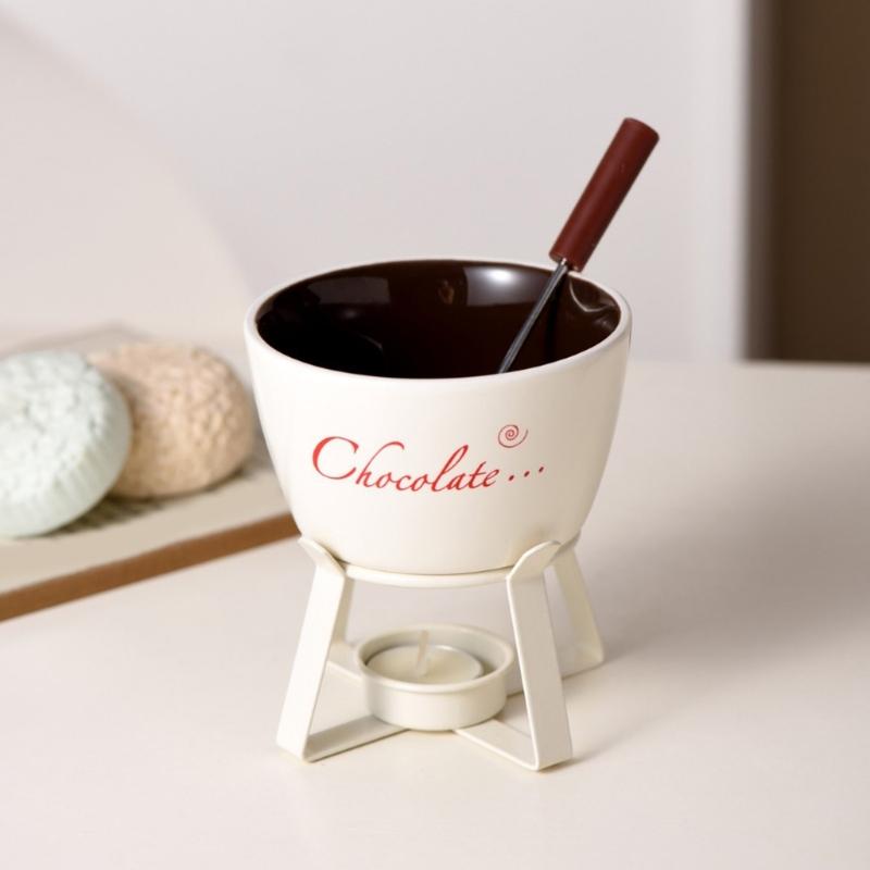 Fondue Pots Set with Fork for Chocolate,Cheese,Candy,Appetizer Tealight Porcelain Melting Pots Ceramic Butter Warmers Set