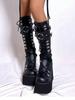 Women Gothic Punk Knee High Boots Wedges High Heel Platform Halloween Motorcycle Shoes Luxury Long Booties