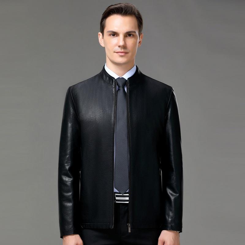 Genuine Leather Jacket for Men, Short Stand Collar, Thickened Autumn and Winter Middle-aged and Elderly Men's Casual Sheep Leather Wallet