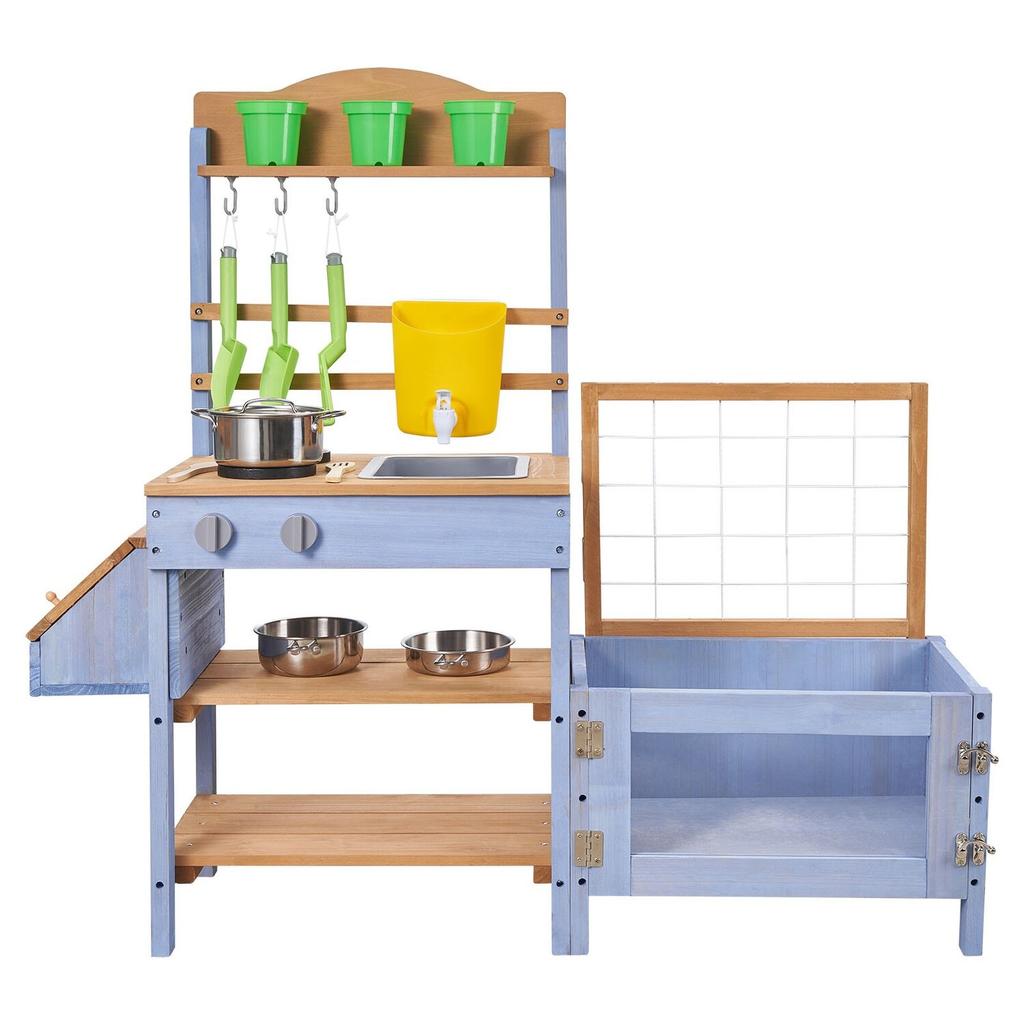 Mud Kitchen, Outdoor Mud Kitchen for Kids, Wood Outdoor Play Kitchens with Planting Box, Critter Catcher Container, Tank, Sink, Cookware Pots and