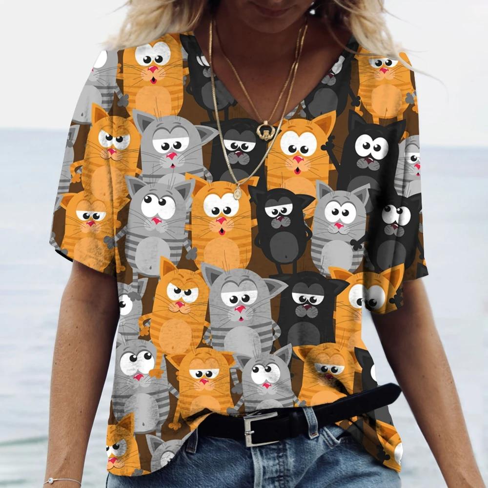 Женская футболка с рисунком котенка, одежда в стиле Харадзюку, летний пуловер с v-образным вырезом для девочек, хлопковые футболки с короткими рукавами, женская повседневная уличная одежда