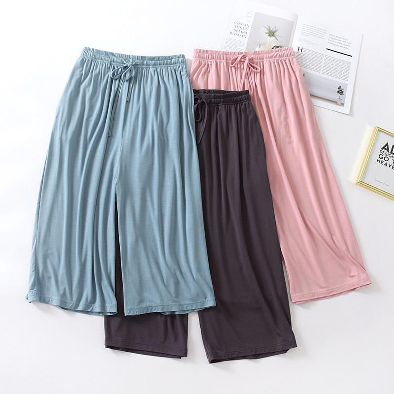 Summer Japanese Style Loose Cropped Trousers Ladies Modal Thin Shorts Solid Color Wide Leg Large Size Home Pants Womens Bottoms