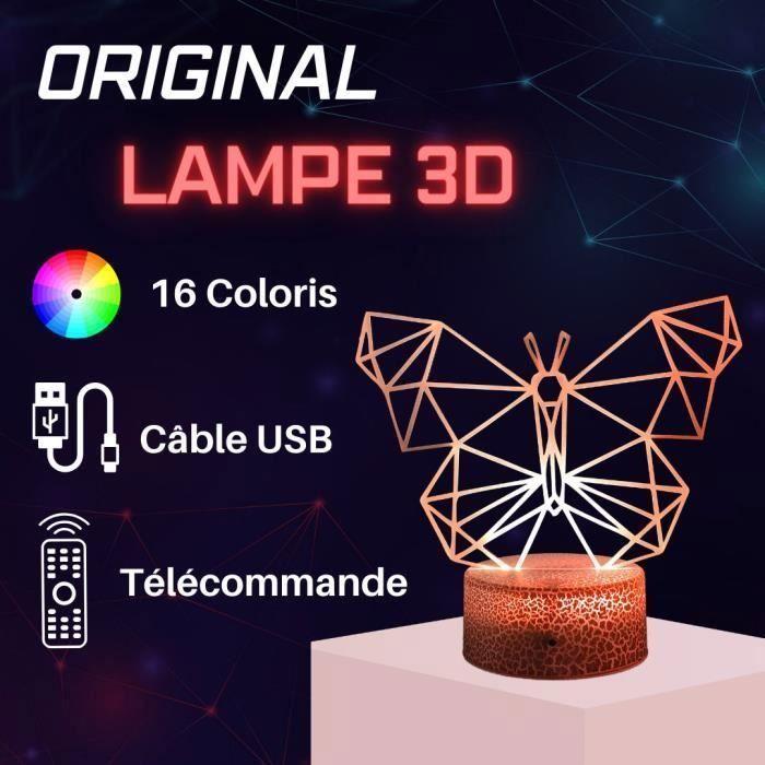 Lampe de chevet 3D led Papillon Hologramme, Veilleuse changement de couleurs 16, Lampe tactile bureau et chambre Enfant, ambiance
