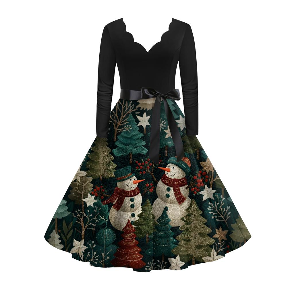 Women's Fashion Round Casual Slim Fit Christmas Print Large Swing Long Sleeve Dress