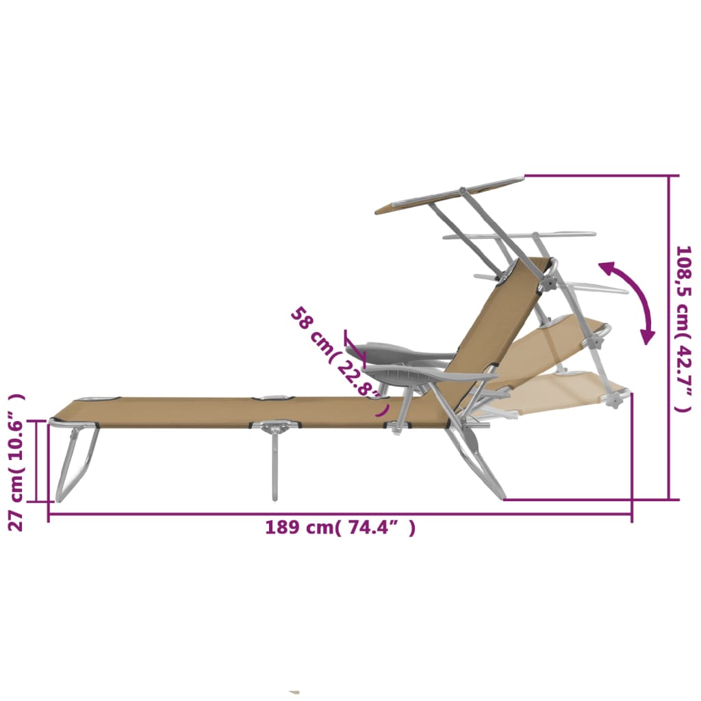 Folding Sun Lounger with Sunshade Steel Taupe