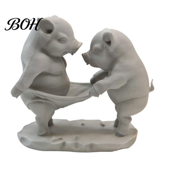 Delicate Texture Figurine Double Pig Pulling Ornament, Mini Size 3D Printed Figurine, Tiny Office Decoration Funny Healing Desktop Decorative