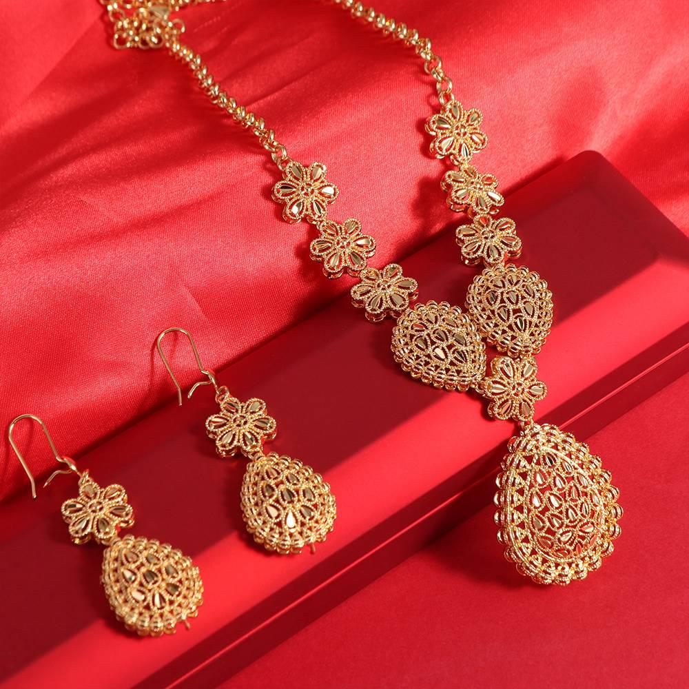 24K Gold Gold Color Necklace Earring Set Plated African Bridal Jewelry Sets Women