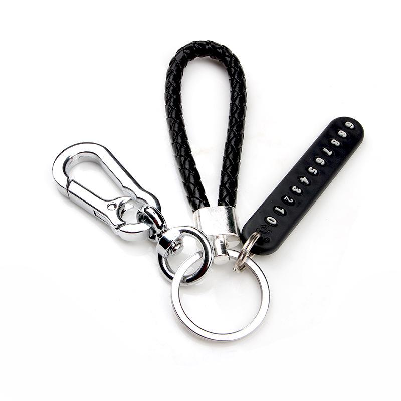 Men’s Leather Cord Keychain with Metal Anti-Lost Phone Tag and Stainless Steel Car Pendant.