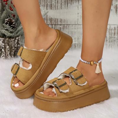 Меховые тапочки женские в британском стиле Римская обувь Удобная мягкая зимняя женская домашняя обувь с металлической пряжкой Повседневные тапочки на платформе Пушистые шлепанцы