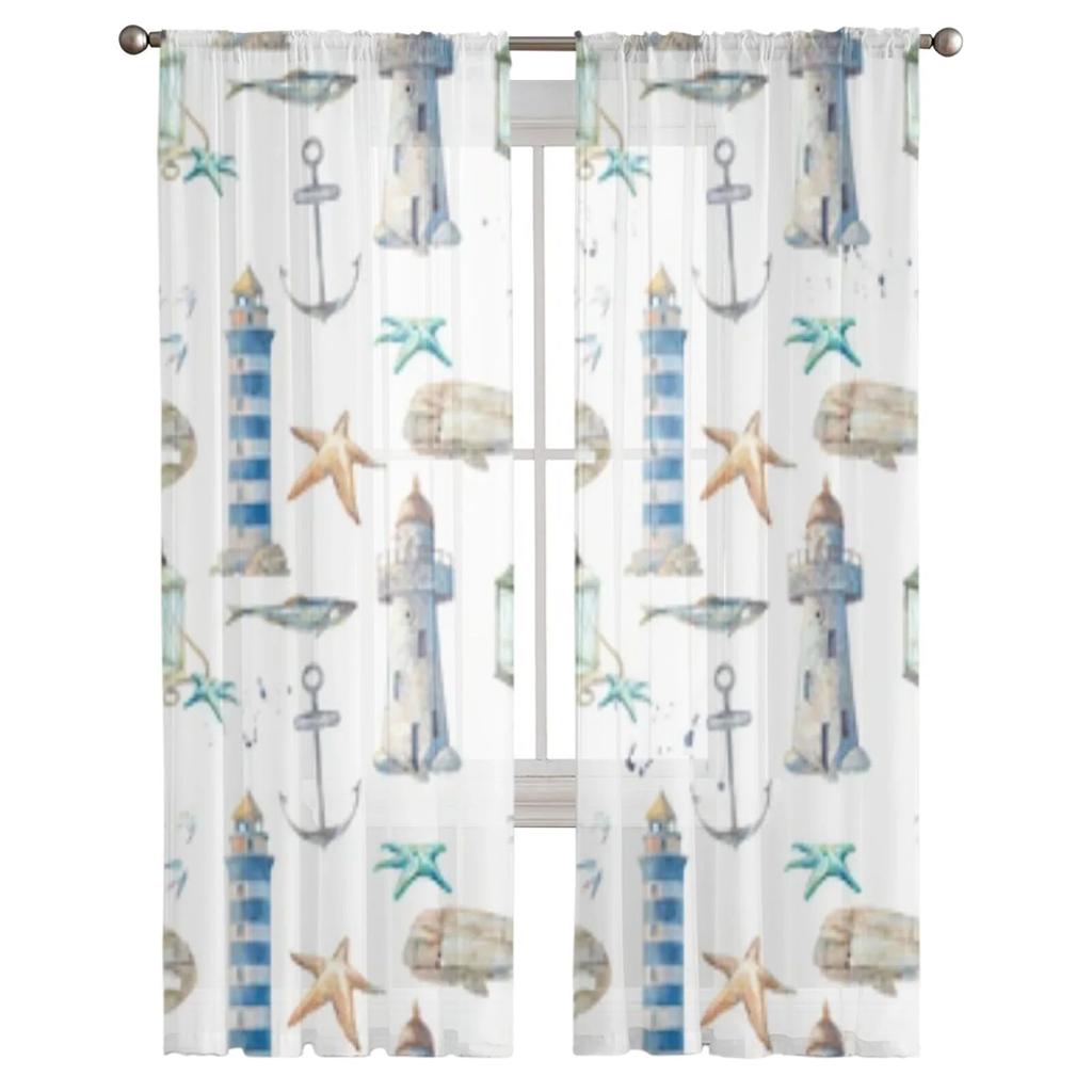 Акварельные винтажные прозрачные оконные шторы в морском стиле для гостиной, спальни, современная вуаль, тюлевые шторы, тканевые шторы для кухни