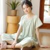 Summer short-sleeved cropped pants for women, pure cotton double-layer thin sleepwear, suitable for outdoor leisure and home wear, two-piece set