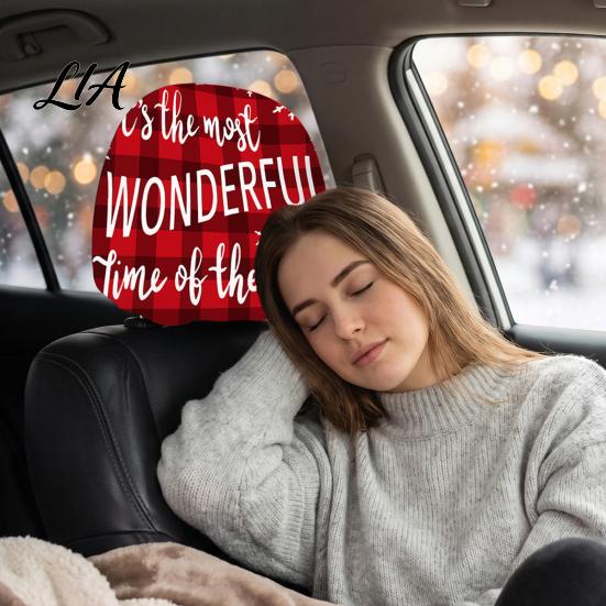 Soft Polyester Seat Cushion 2Pcs Christmas Car Headrest Covers, Elastic Holiday Printed Head Rest Cover, Vehicle Interior Styling Funny Auto