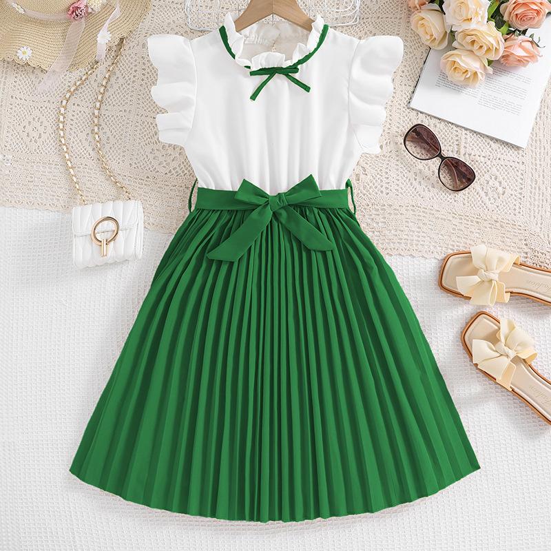 8-12Y Girls Dresses Pop Children's Summer New Foreign-style Fly Sleeve Dress Colour Temperament Pleated Skirt