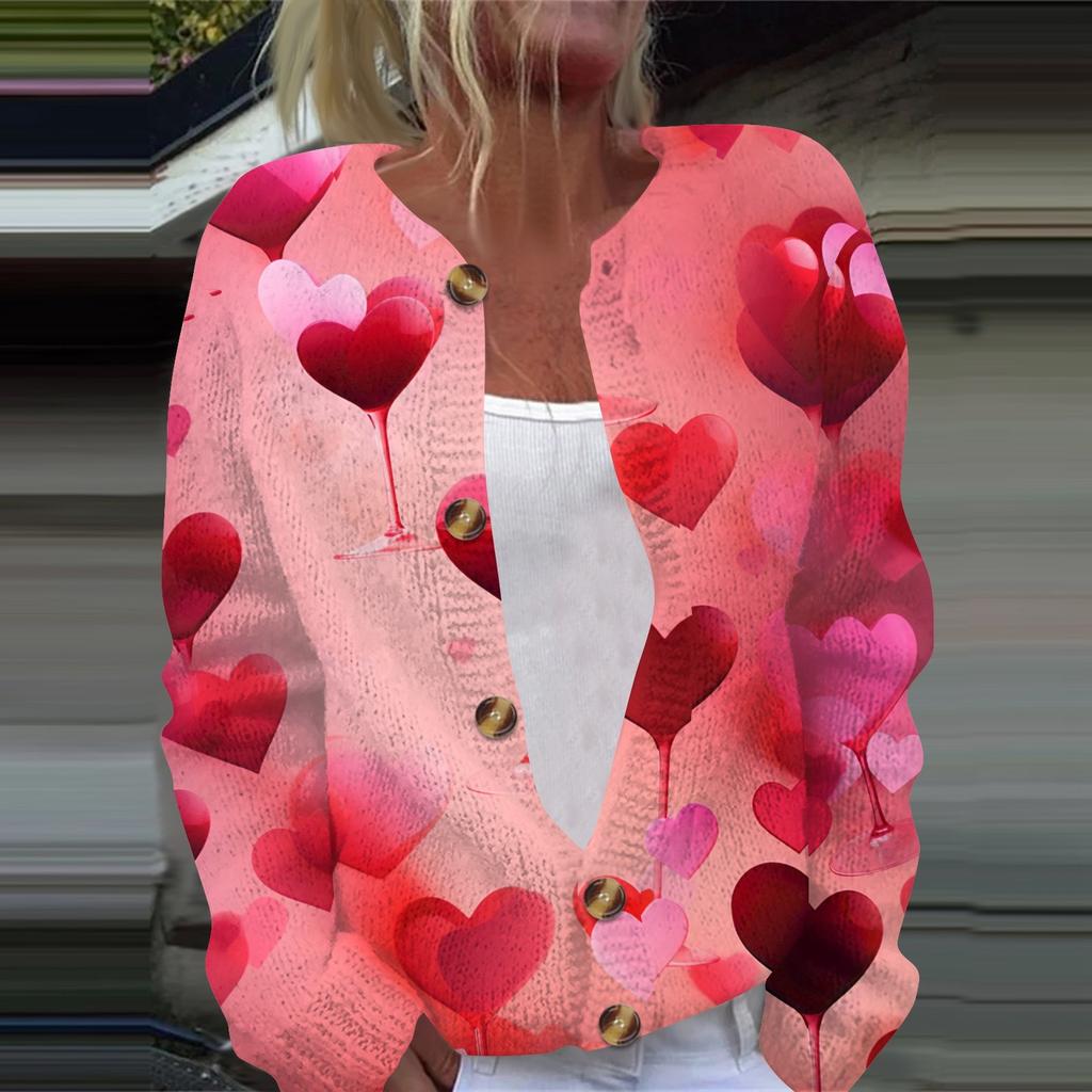 Женская мода День святого Валентина Сердце Принт Длинный рукав Вязаный кардиган Куртка на пуговицах
