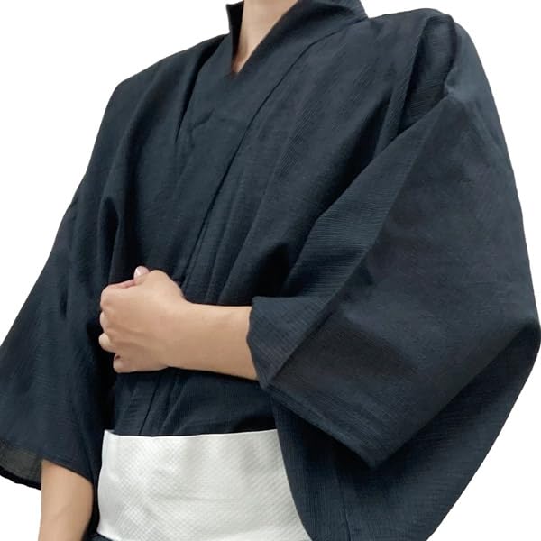 Мужской комплект юката из двух предметов Kyoto Kimono Yuzen, черный хлопок с плетением сидзира, квадратный оби на липучке, цвет чернил (Вертикальные полосы), Размер M