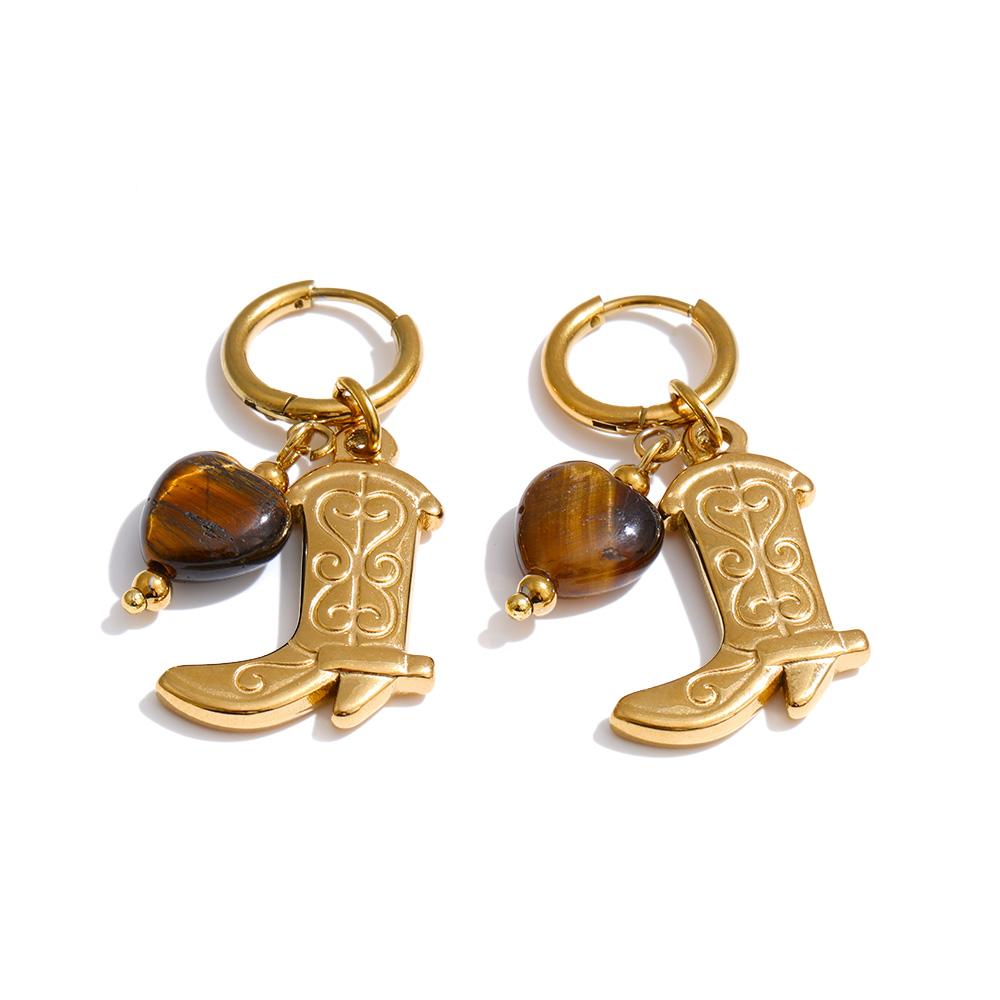 Yhpup Natural Tiger Stone Boots Shoes Pendant Drop Hoop Earrings Stainless Steel Charm Vintage Fashion Jewelry Prevent Allergy