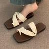 Fashion Korea Summer Retro 2025 Square Toe Toe-Loop Flat Sandals Vintage Slide Slippers Beach Casual Shoes Slingback Outdoor Footwear