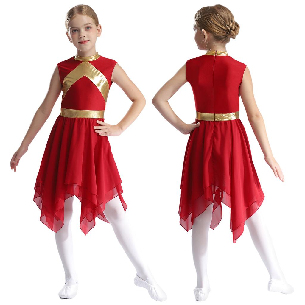 Детское платье для хвалы, металлический контрастный цвет, пэчворк, без рукавов, асимметричный подол, литургический костюм