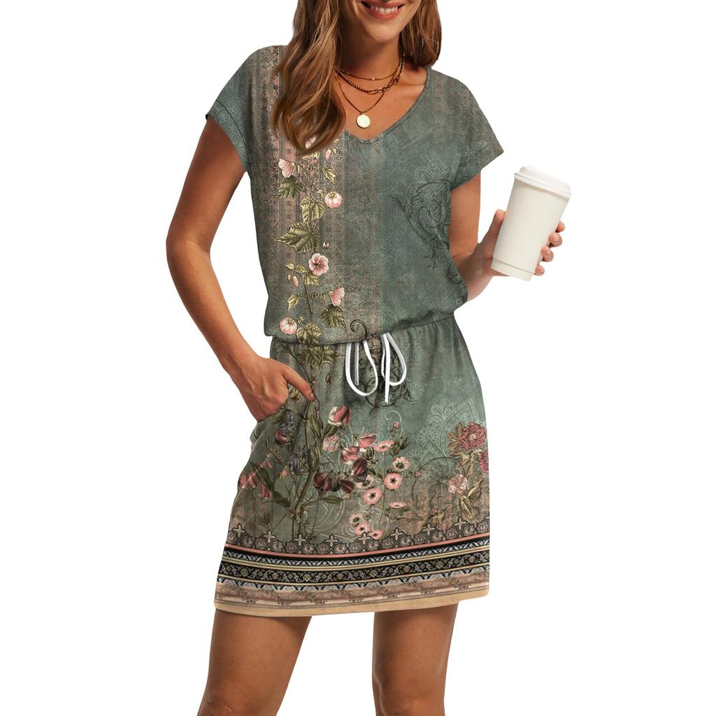 Women's Summer V-Neck Casual Short Sleeve Drawstring With Pocket Vintage Floral Dresses