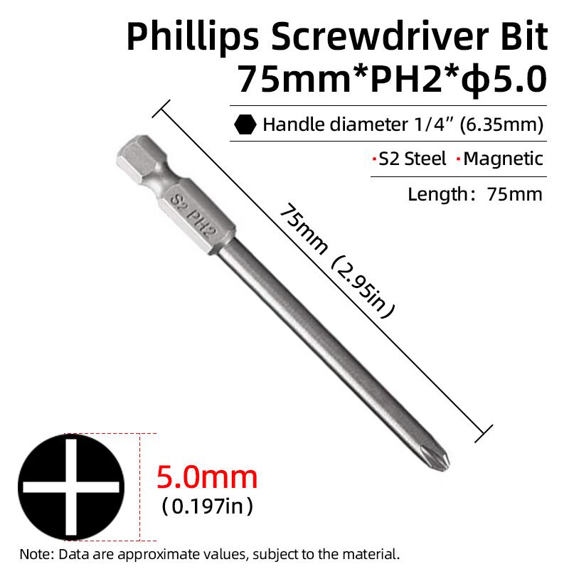 1PC Phillips Screwdriver Bits Cross Head Magnetic Screwdrivers PH00 PH1 PH2 S2 Alloy Steel Hex Shank Hand Tools 50/75/100/150mm