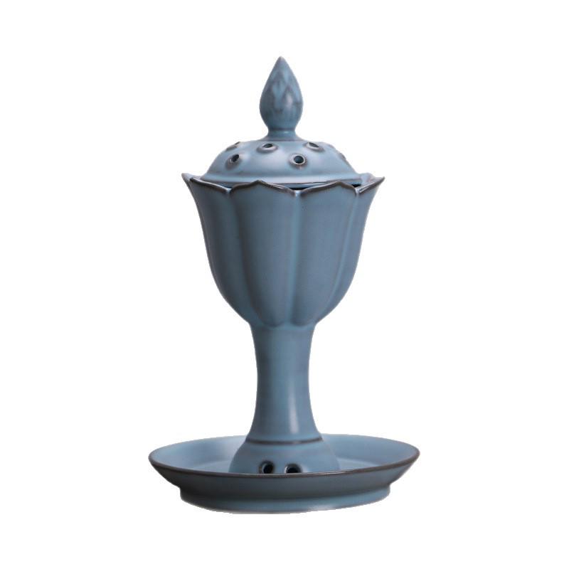 Song Dynasty Ru Kiln Blue Glaze Lotus Pod Incense Burner - Antique Style Collectible Porcelain Display.