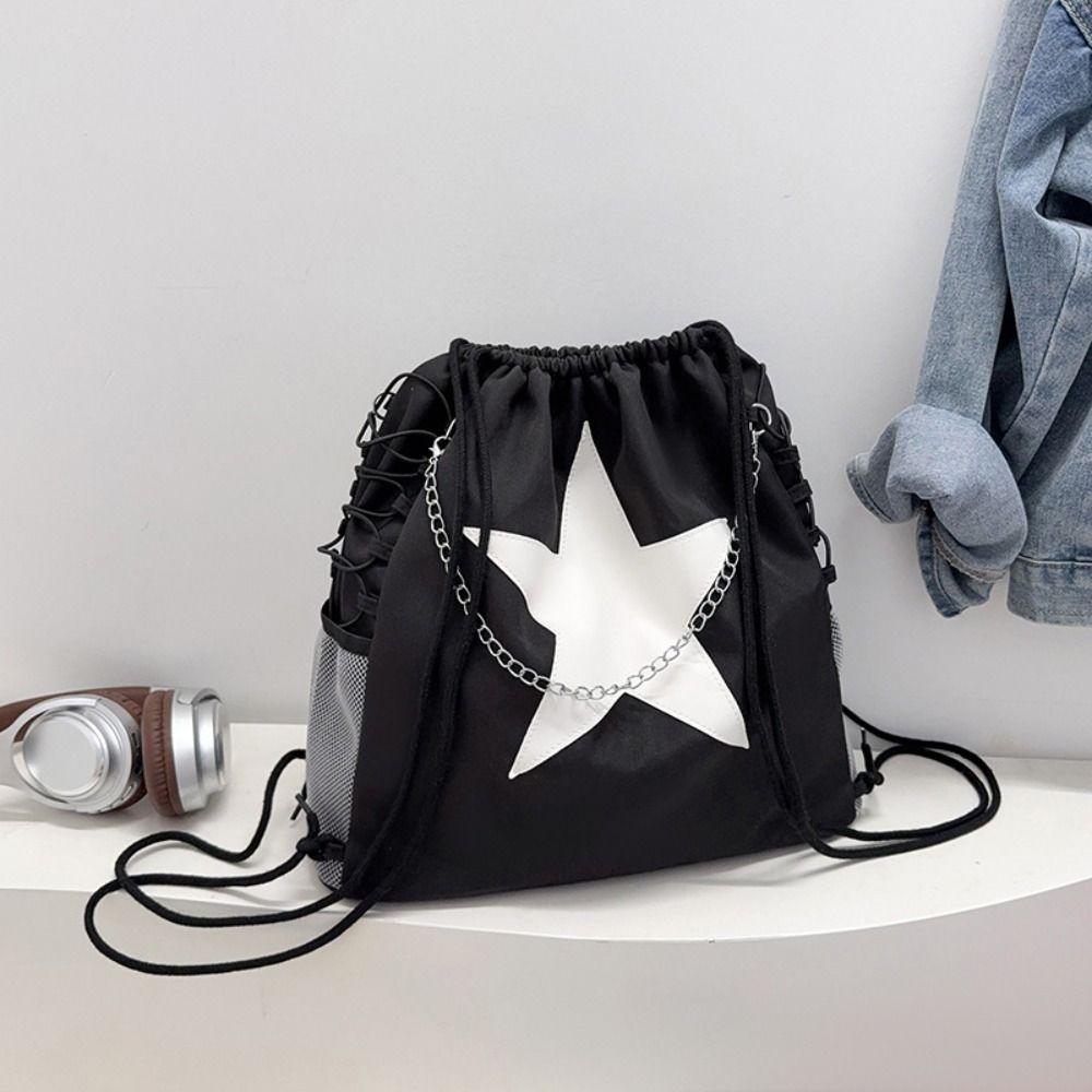 Harajuku Style Star Drawstring Backpacks Y2k Student Schoolbag Simple Nylon Backpacks Men Women