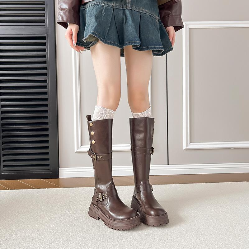 Cowhide Version~ Thick-soled Maillard Boots for Women, Retro Brown Martin Boots for Autumn and Winter, British Style Knight Boots