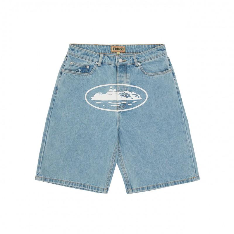 Corteiz Alcatraz Denim Shorts Mens Embroidered Star Vintage Washed Straight Fit Casual Mid-Rise Short Pants