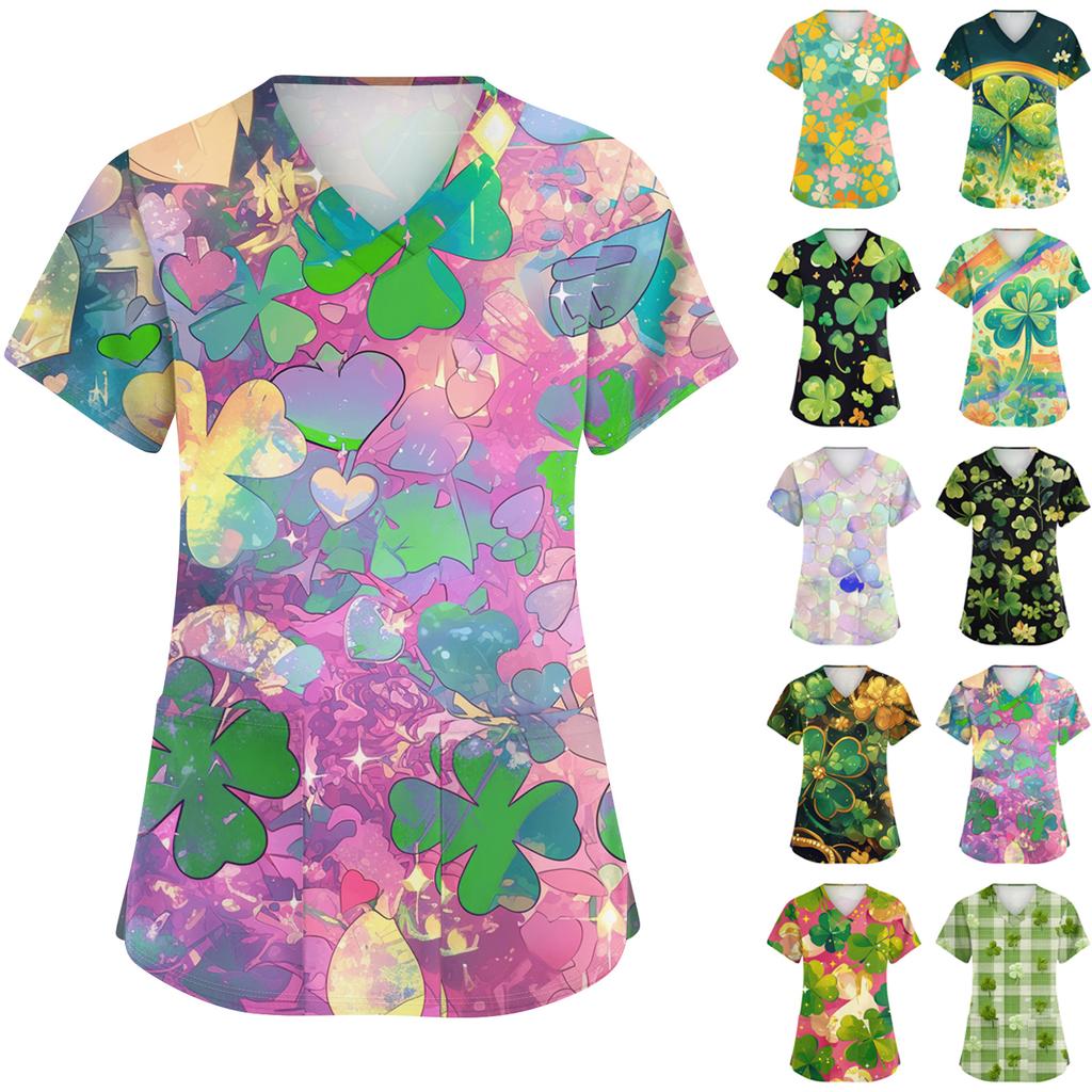 Ladies' St. Patrick Print Fashionable V-neck Pocket Short Sleeved Uniform And Caregiver Top